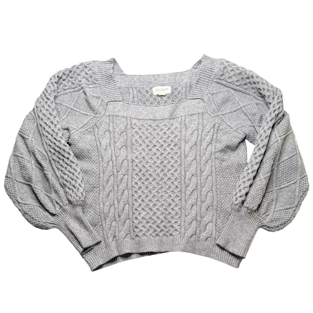 Allison New York Cable Knit Sweater Womens Gray Square Neck Puff Sleeve Boho S